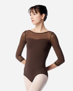 3/4 Sleeve Mesh Leotard - Black